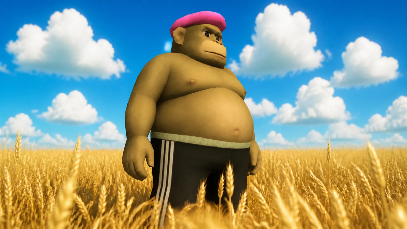 A chubby low polygon monkey in a pink beanie and black track pants standing in a wheat field
